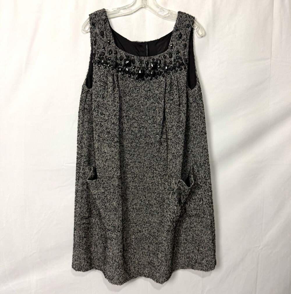Anna Sui Black White Tweed Herringbone Shift Dress Sz Large Sleeveless